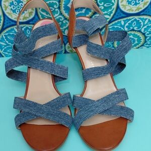 Bettye Muller Blue Denim Tan Strappy Sandals Heels Shoes Comfy Summer Chic Sz 10